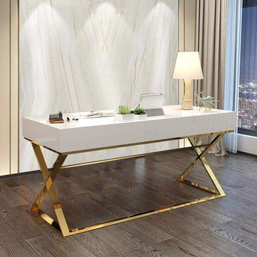 55" White Office Desk with Drawer Rectangular Modern Computer Desk-Desks,Furniture,Office Furniture